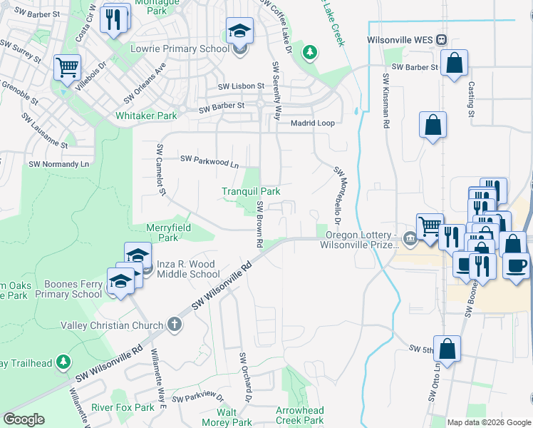 map of restaurants, bars, coffee shops, grocery stores, and more near 10543 Coleman Loop North in Wilsonville