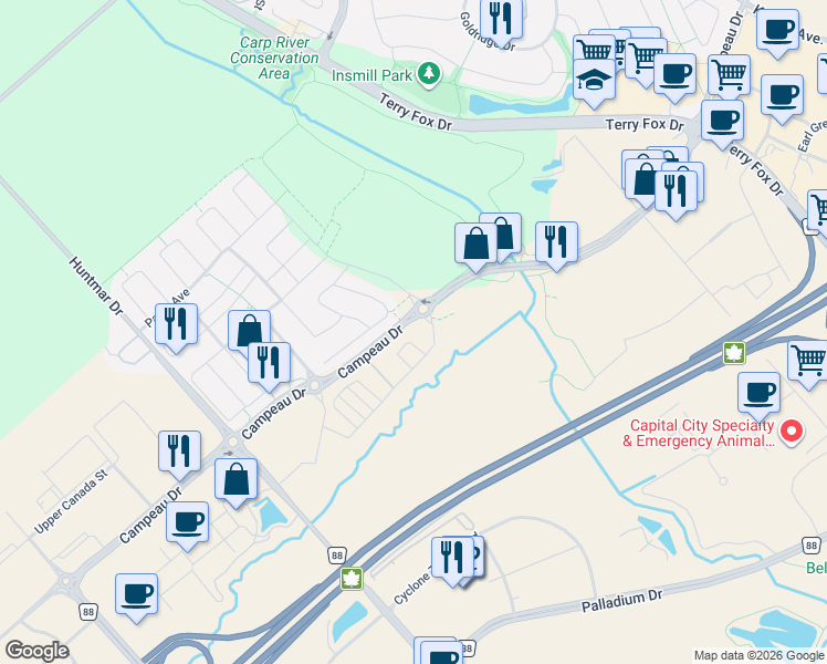 map of restaurants, bars, coffee shops, grocery stores, and more near 1411 Creekway Private in Ottawa