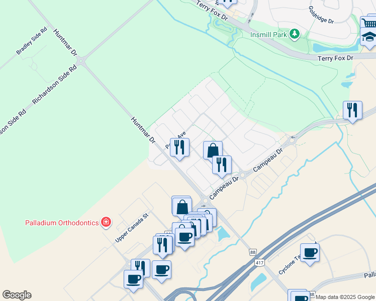map of restaurants, bars, coffee shops, grocery stores, and more near 82 Fallengale Crescent in Ottawa