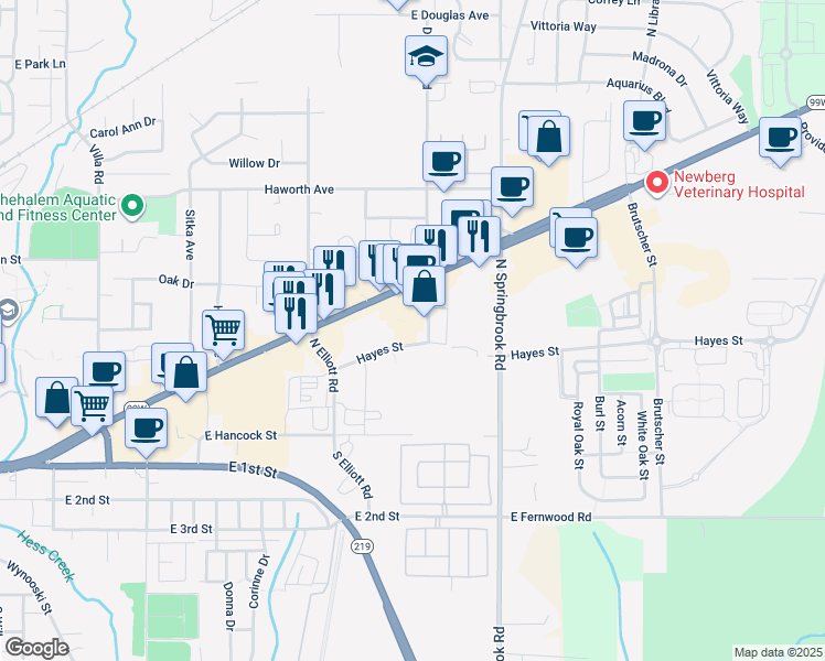 map of restaurants, bars, coffee shops, grocery stores, and more near 2818 Portland Rd in Newberg