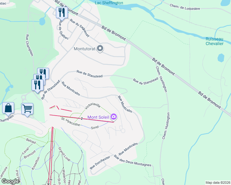 map of restaurants, bars, coffee shops, grocery stores, and more near 172 Rue Montcalm in Bromont