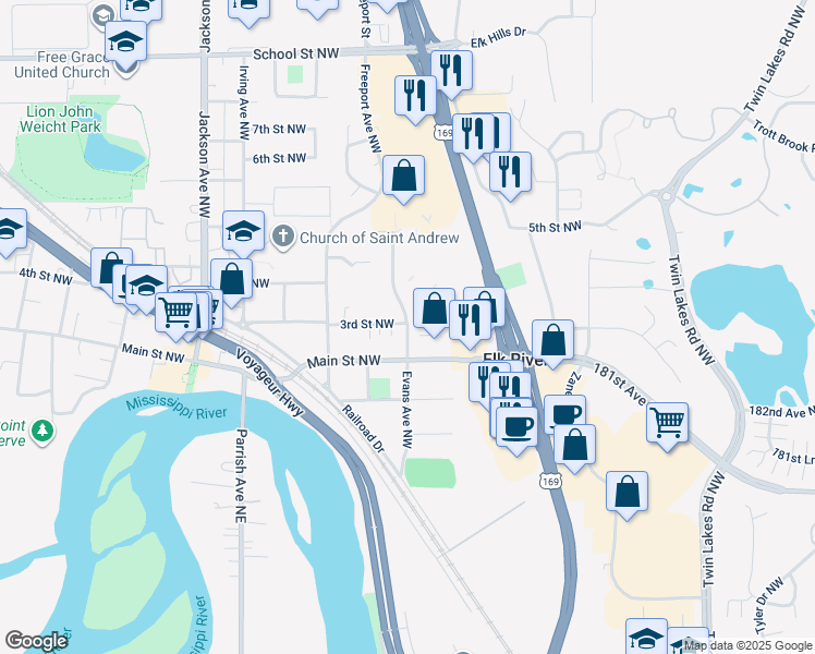 map of restaurants, bars, coffee shops, grocery stores, and more near 300 3rd Street Northwest in Elk River