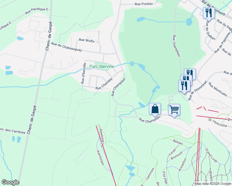 map of restaurants, bars, coffee shops, grocery stores, and more near 84 Rue Champlain in Bromont
