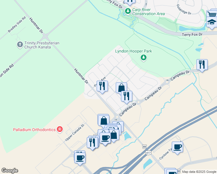map of restaurants, bars, coffee shops, grocery stores, and more near 90 Fallengale Crescent in Ottawa