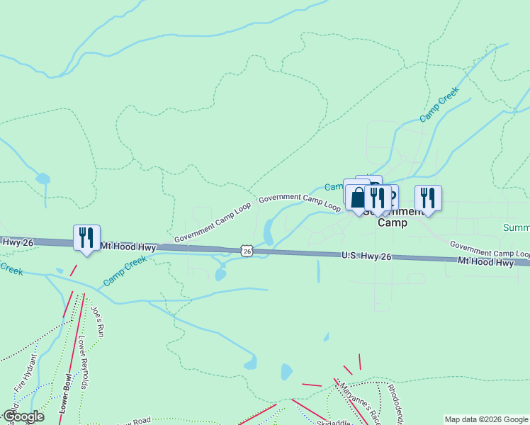 map of restaurants, bars, coffee shops, grocery stores, and more near 31230 East Collins Lake Road in Government Camp