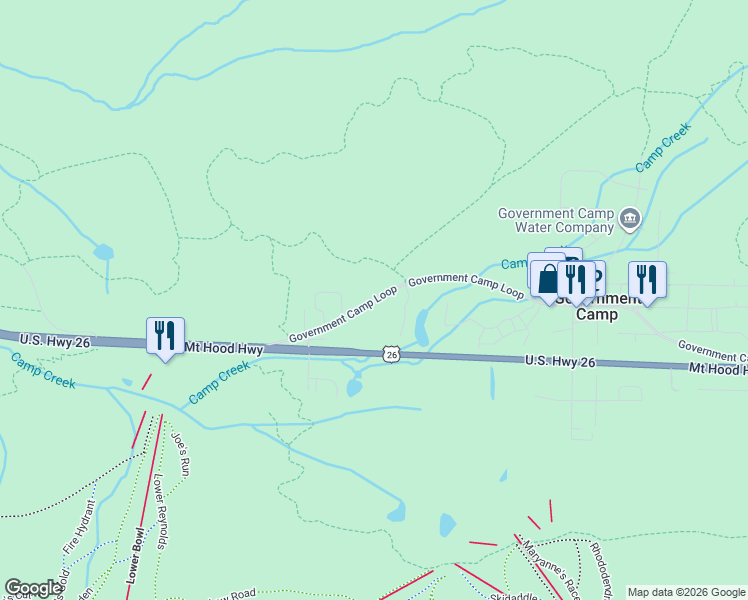map of restaurants, bars, coffee shops, grocery stores, and more near 87557 Government Camp Loop in Government Camp