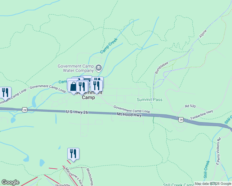 map of restaurants, bars, coffee shops, grocery stores, and more near 89458 East Lige Lane in Government Camp