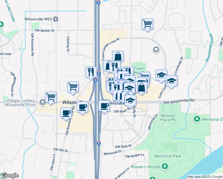 map of restaurants, bars, coffee shops, grocery stores, and more near 29783 Town Center Loop West in Wilsonville