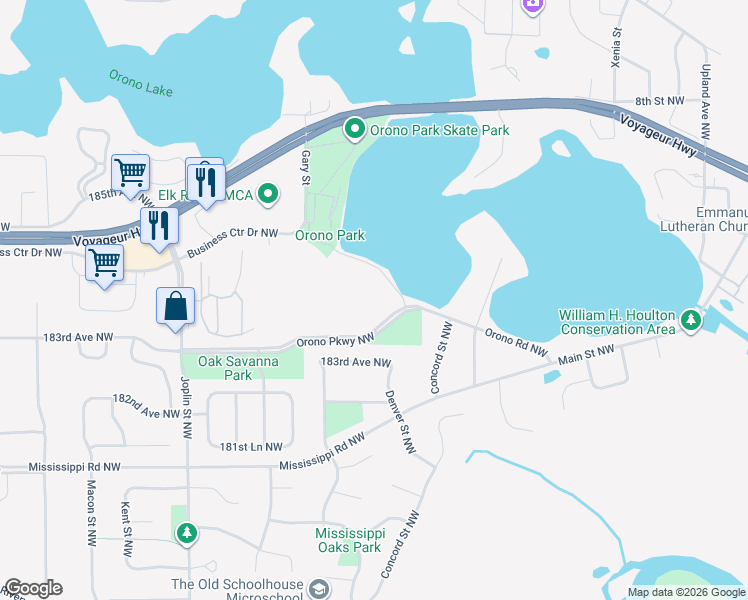 map of restaurants, bars, coffee shops, grocery stores, and more near 13065 Orono Parkway Northwest in Elk River