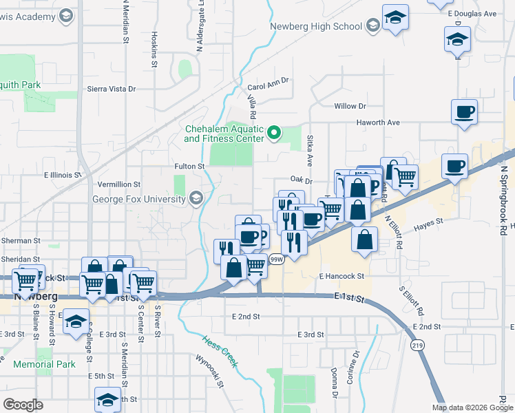 map of restaurants, bars, coffee shops, grocery stores, and more near 1801 East Laurel Drive in Newberg