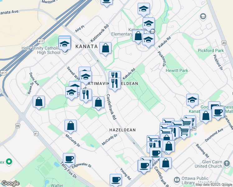 map of restaurants, bars, coffee shops, grocery stores, and more near 99 Kakulu Road in Ottawa