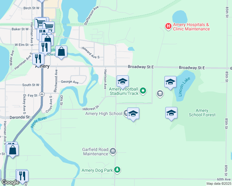 map of restaurants, bars, coffee shops, grocery stores, and more near 469 Minneapolis Avenue South in Amery