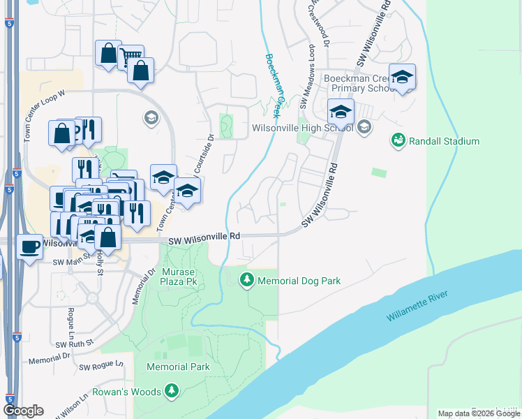 map of restaurants, bars, coffee shops, grocery stores, and more near 29865 Southwest Rose Lane in Wilsonville