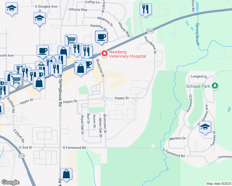 map of restaurants, bars, coffee shops, grocery stores, and more near 3801 Hayes Street in Newberg