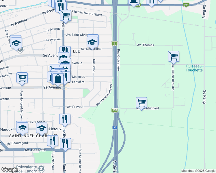 map of restaurants, bars, coffee shops, grocery stores, and more near 805 Rue Harolde-Savoy in Saint-Jean-sur-Richelieu