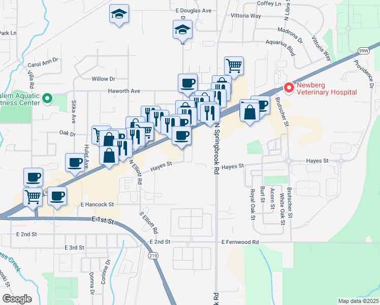 map of restaurants, bars, coffee shops, grocery stores, and more near 700 Deborah Road in Newberg