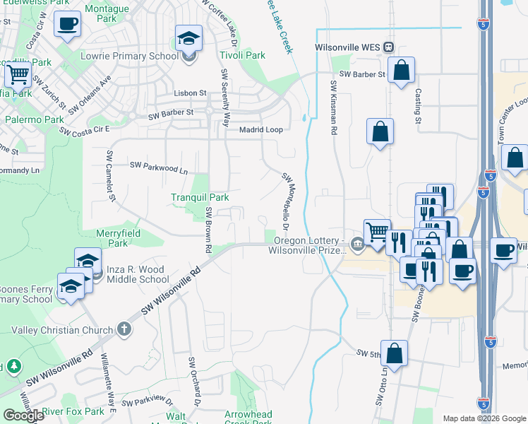 map of restaurants, bars, coffee shops, grocery stores, and more near 10305 Southwest Wilsonville Road in Wilsonville