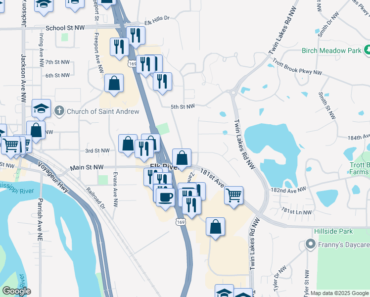 map of restaurants, bars, coffee shops, grocery stores, and more near 304 Baldwin Avenue Northwest in Elk River