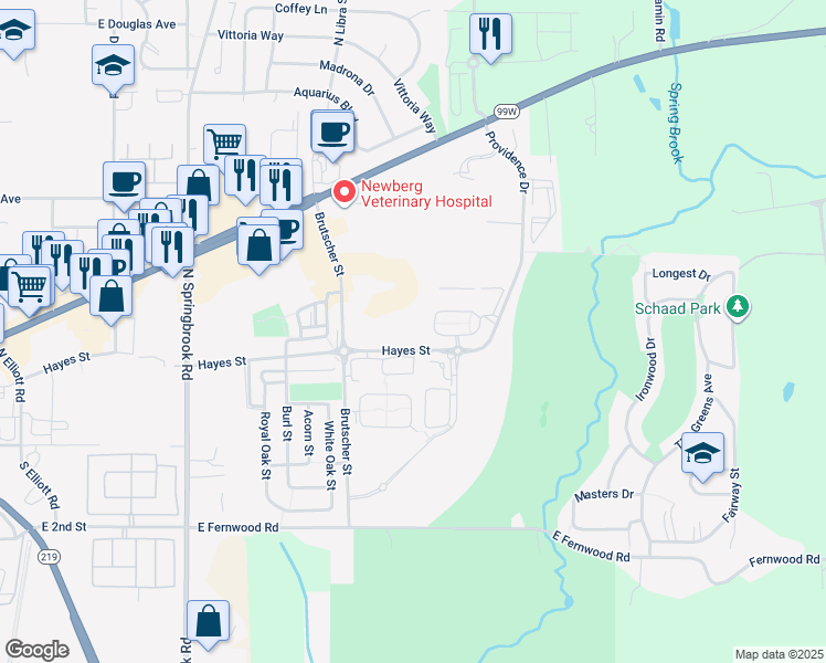 map of restaurants, bars, coffee shops, grocery stores, and more near 3801 Hayes Street in Newberg