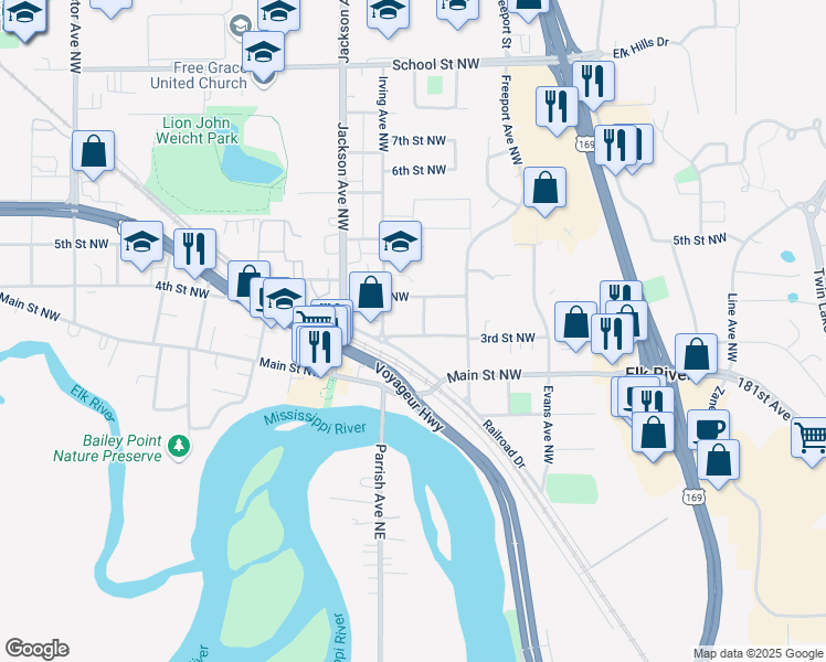 map of restaurants, bars, coffee shops, grocery stores, and more near 554 3rd Street Northwest in Elk River