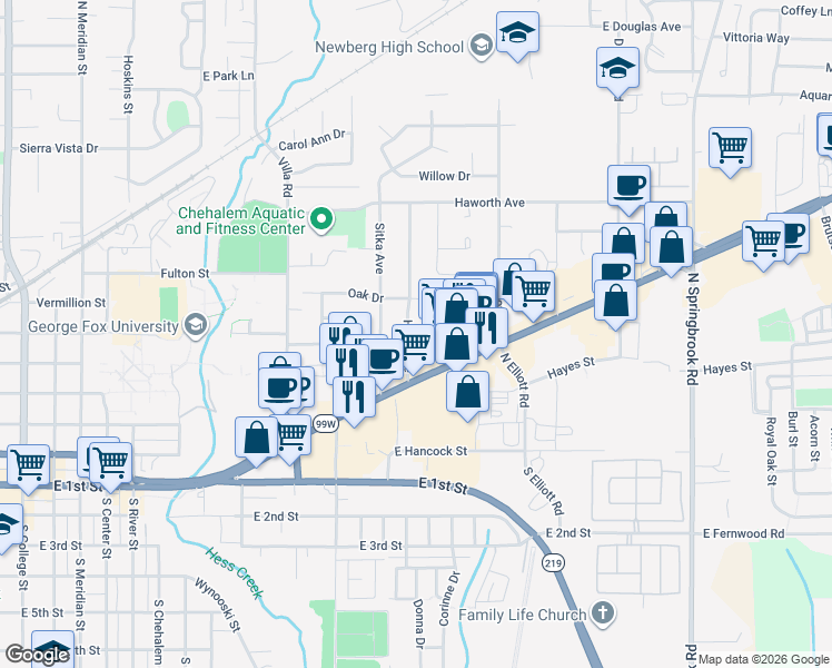 map of restaurants, bars, coffee shops, grocery stores, and more near 606 Hulet Avenue in Newberg