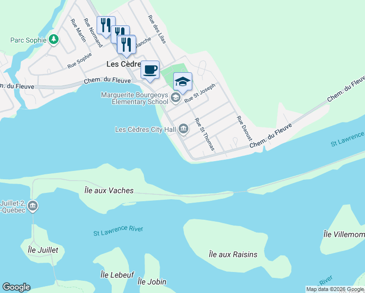 map of restaurants, bars, coffee shops, grocery stores, and more near 1037 Chemin du Fleuve in Les Cèdres