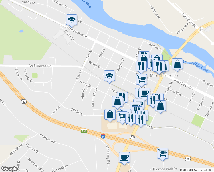 map of restaurants, bars, coffee shops, grocery stores, and more near 503 Maple Street in Monticello