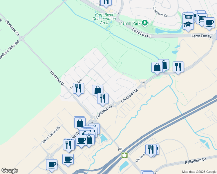 map of restaurants, bars, coffee shops, grocery stores, and more near 43 Sweet Pea Way in Ottawa