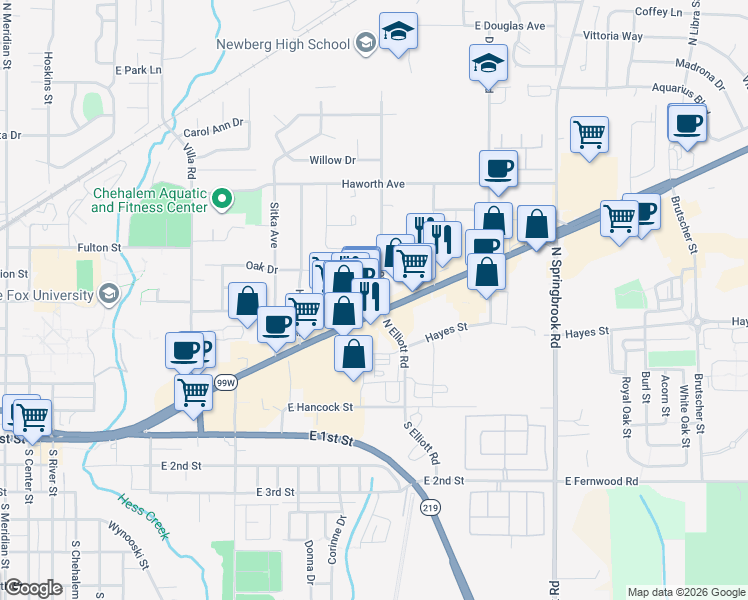 map of restaurants, bars, coffee shops, grocery stores, and more near 2401b Portland Road in Newberg