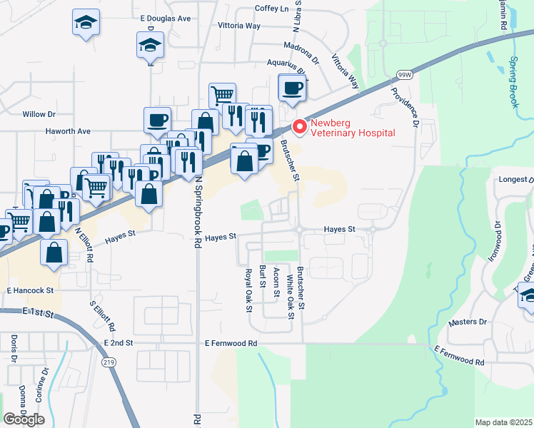 map of restaurants, bars, coffee shops, grocery stores, and more near 627 Oak Hollow Drive in Newberg