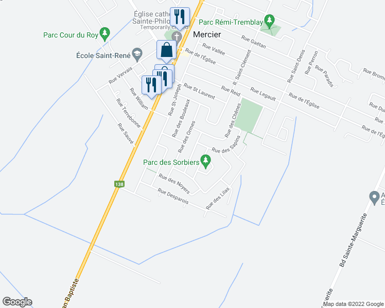 map of restaurants, bars, coffee shops, grocery stores, and more near 16 Mélèzes Street in Mercier