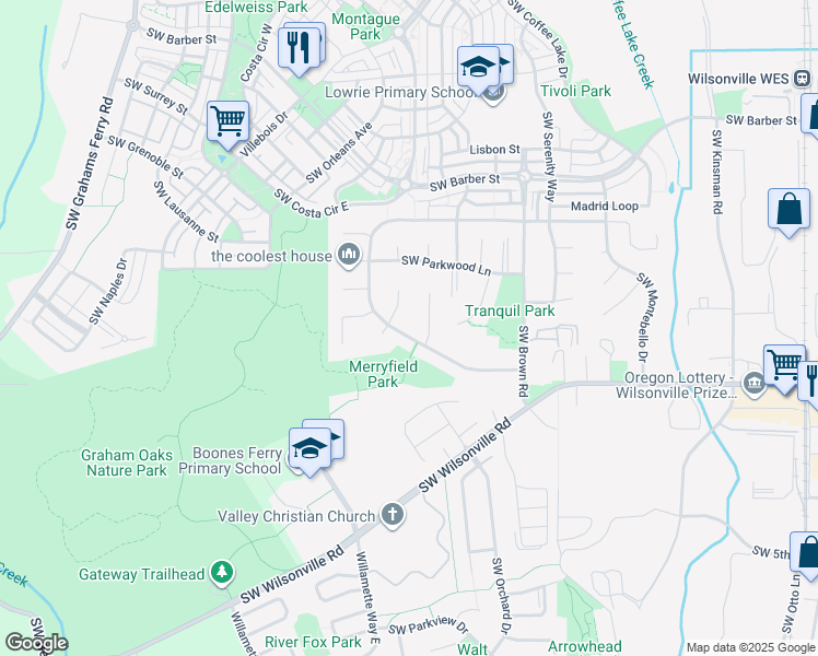map of restaurants, bars, coffee shops, grocery stores, and more near 29769 Southwest Lancelot Lane in Wilsonville