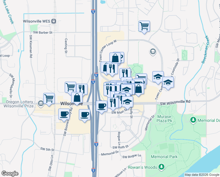 map of restaurants, bars, coffee shops, grocery stores, and more near 29783 Town Center Loop West in Wilsonville