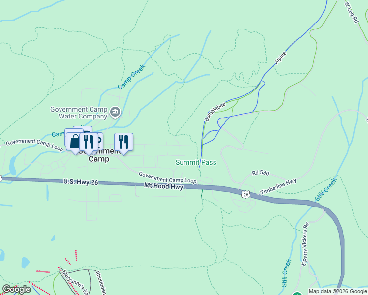 map of restaurants, bars, coffee shops, grocery stores, and more near 90020 East Lige Lane in Government Camp