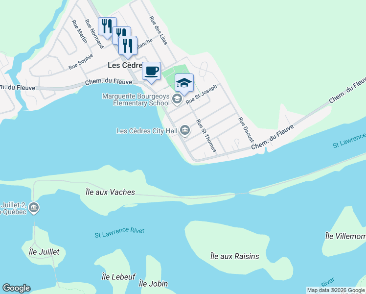 map of restaurants, bars, coffee shops, grocery stores, and more near 1037 Chemin du Fleuve in Les Cèdres