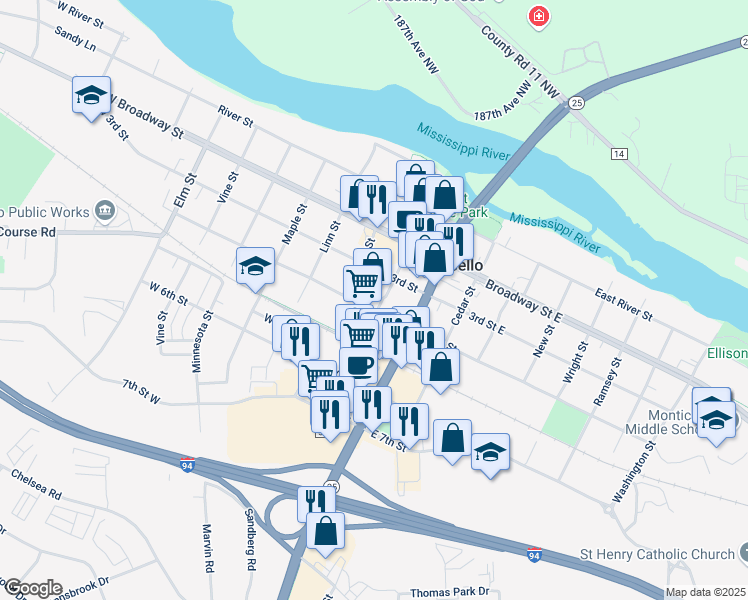 map of restaurants, bars, coffee shops, grocery stores, and more near 114 West 3rd Street in Monticello