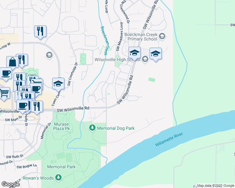 map of restaurants, bars, coffee shops, grocery stores, and more near 6925 Southwest Wilsonville Road in Wilsonville