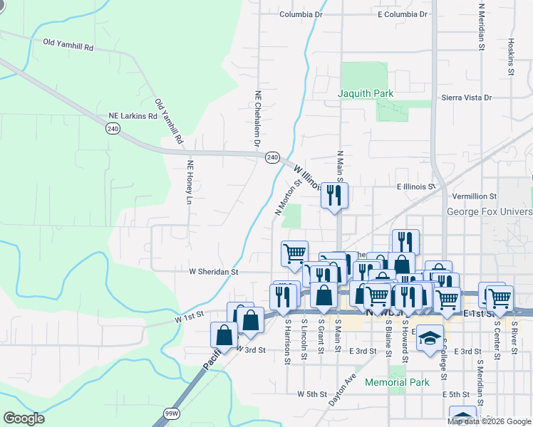 map of restaurants, bars, coffee shops, grocery stores, and more near 515 North Morton Street in Newberg