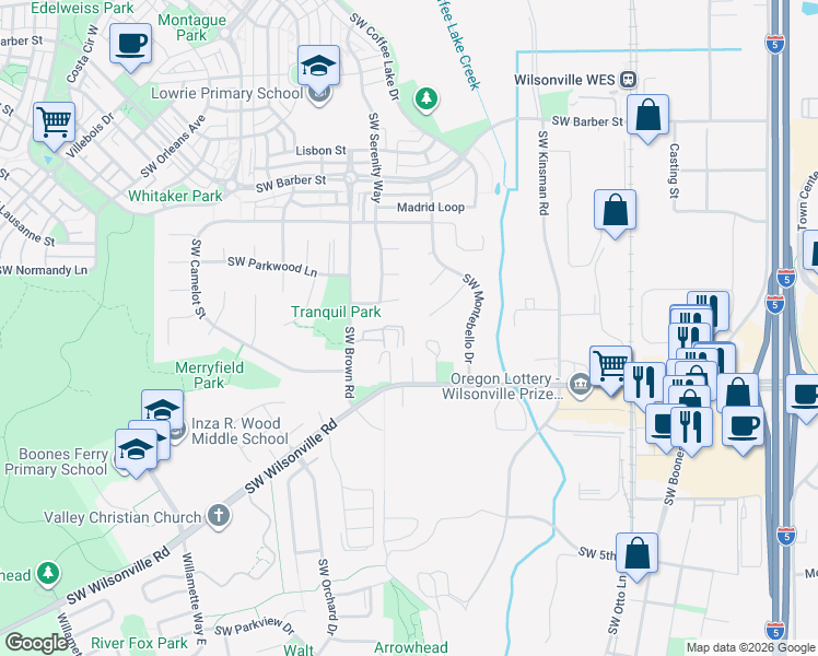 map of restaurants, bars, coffee shops, grocery stores, and more near 10411 Southwest Franklin Lane in Wilsonville