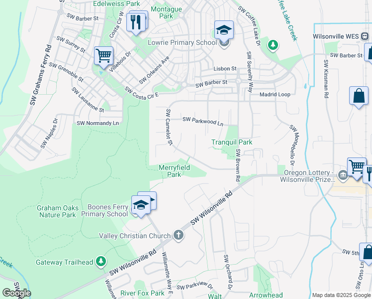 map of restaurants, bars, coffee shops, grocery stores, and more near 29769 Southwest Lancelot Lane in Wilsonville