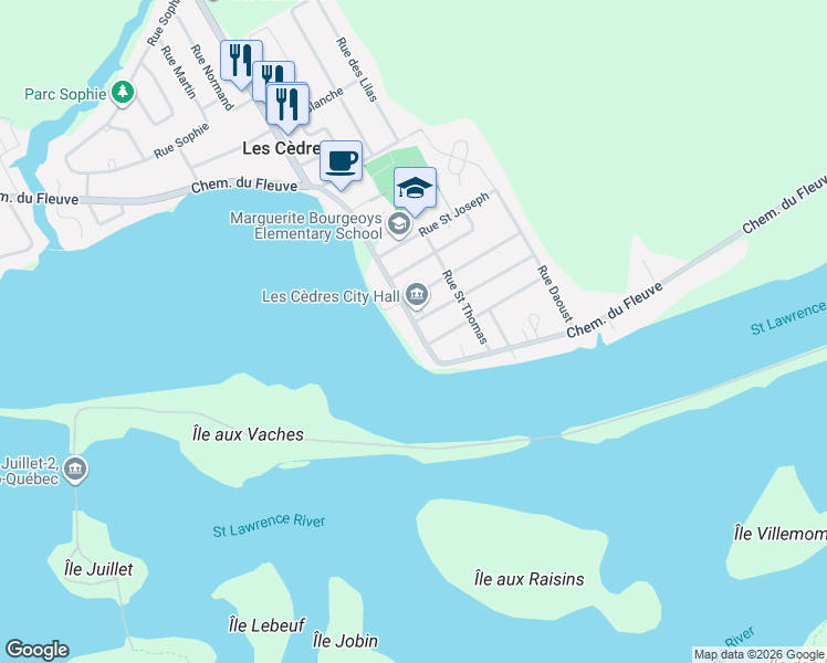 map of restaurants, bars, coffee shops, grocery stores, and more near 1037 Chemin du Fleuve in Les Cèdres