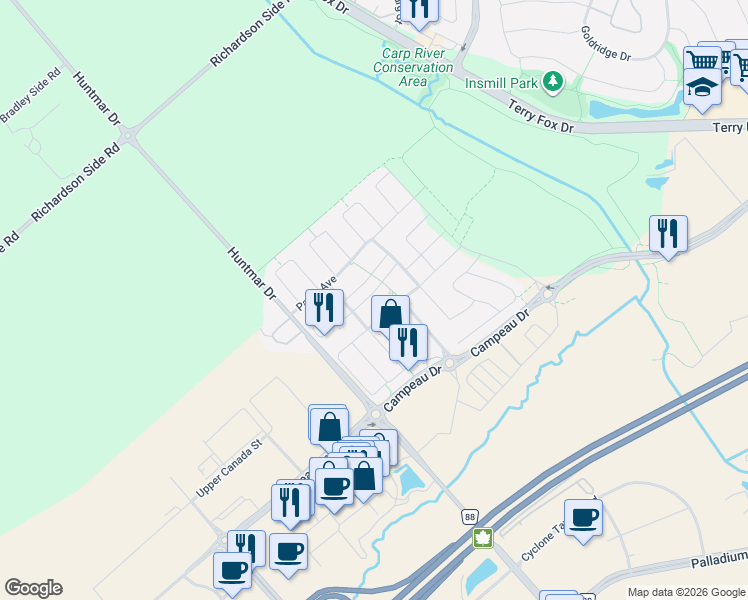 map of restaurants, bars, coffee shops, grocery stores, and more near 219 Halyard Way in Ottawa