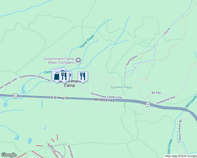 map of restaurants, bars, coffee shops, grocery stores, and more near 89458 East Lige Lane in Government Camp