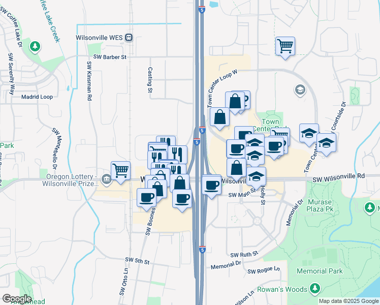 map of restaurants, bars, coffee shops, grocery stores, and more near 29720 SW Boones Ferry Rd in Wilsonville