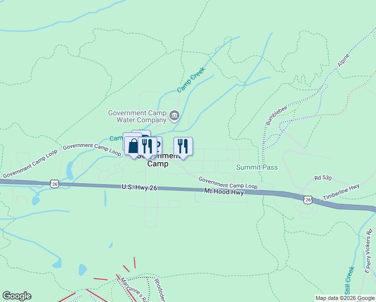 map of restaurants, bars, coffee shops, grocery stores, and more near 89100 East Lige Lane in Government Camp
