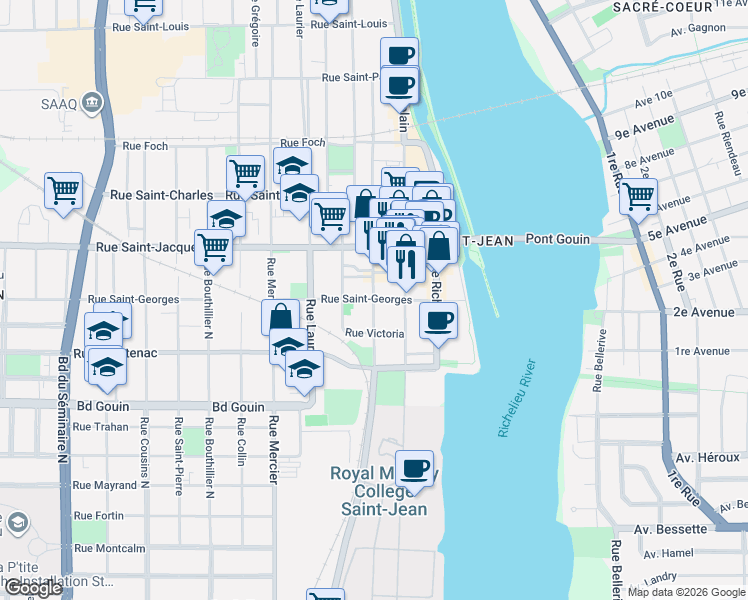 map of restaurants, bars, coffee shops, grocery stores, and more near 69 Rue Saint-Georges in Saint-Jean-sur-Richelieu