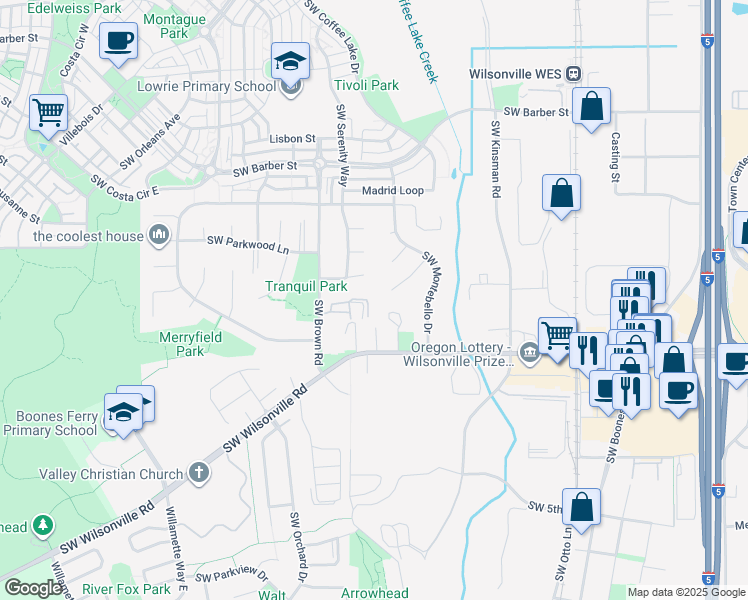 map of restaurants, bars, coffee shops, grocery stores, and more near 10411 Southwest Franklin Lane in Wilsonville
