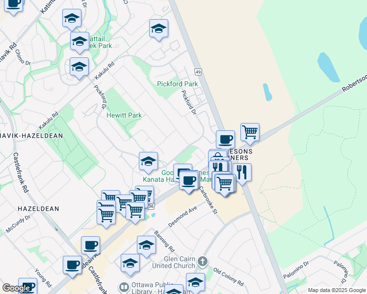 map of restaurants, bars, coffee shops, grocery stores, and more near 340 Pickford Drive in Ottawa