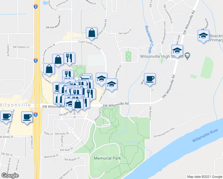 map of restaurants, bars, coffee shops, grocery stores, and more near 7920 Southwest Courtside Way in Wilsonville
