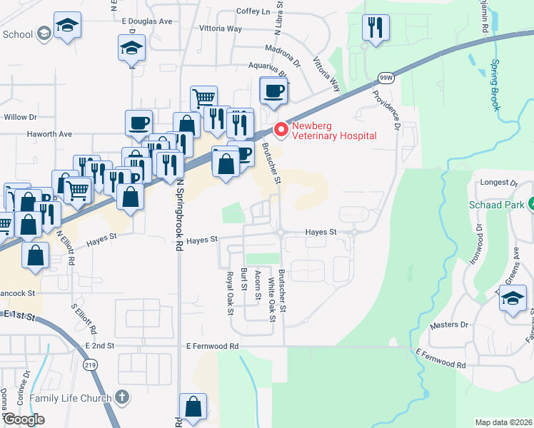 map of restaurants, bars, coffee shops, grocery stores, and more near 703 Little Oak Street in Newberg